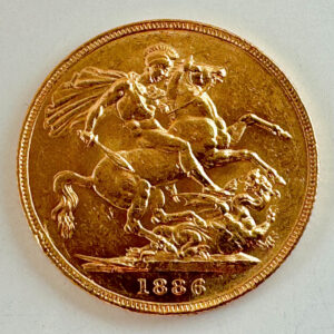 Britische Sovereign-Münze mit der Darstellung des "Saint George slaying the Dragon" von Benedetto Pistrucci Britische Sovereign-Münze mit der Darstellung des "Saint George slaying the Dragon" von Benedetto Pistrucci